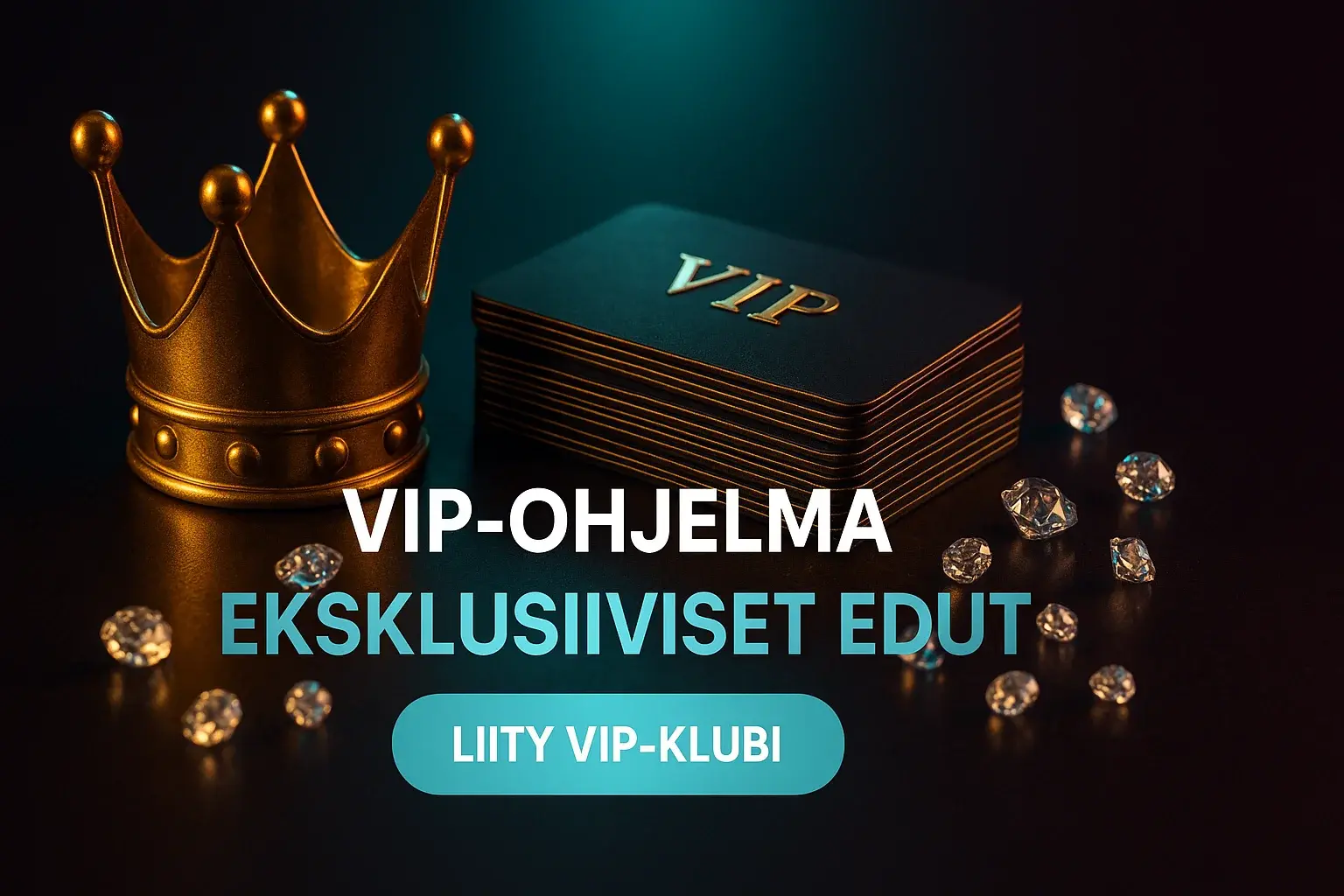 Fotorealistinen suomalainen kasinobanneri VIP-ohjelmasta, kruunu, kortit ja timantit