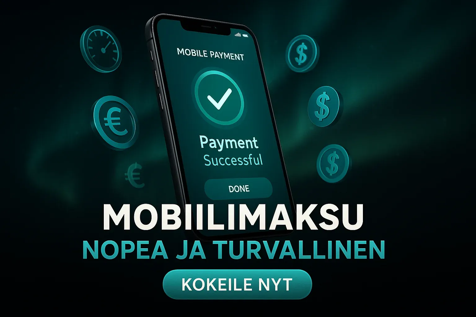 Leveä suomalainen kasinobanneri mobiilimaksun vahvistusnäytöllä ja teal-efekteillä