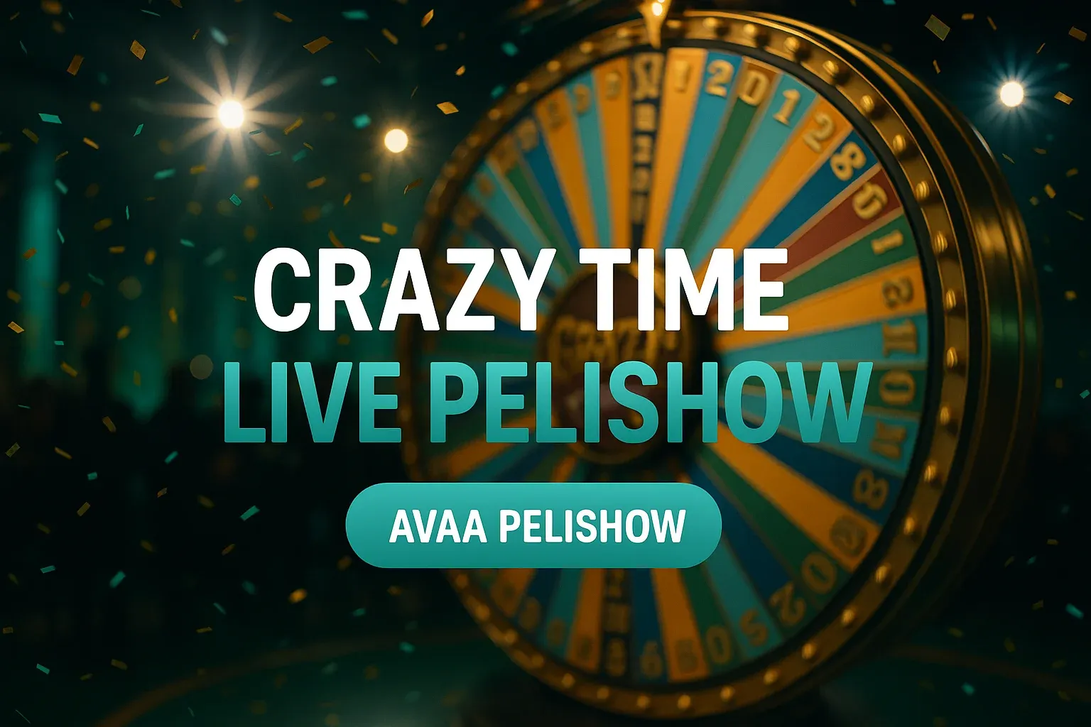 Fotorealistinen live-kasinobanneri Crazy Time -pelishowsta, pyörivä onnenpyörä ja konfetti