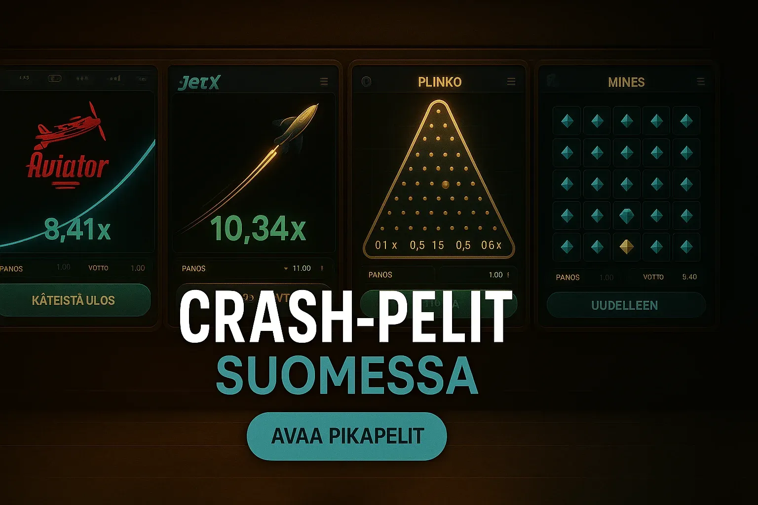 Laajakuva kasinobanneri crash-peleistä Suomessa, neljä pelikäyttöliittymää ja CTA-painike