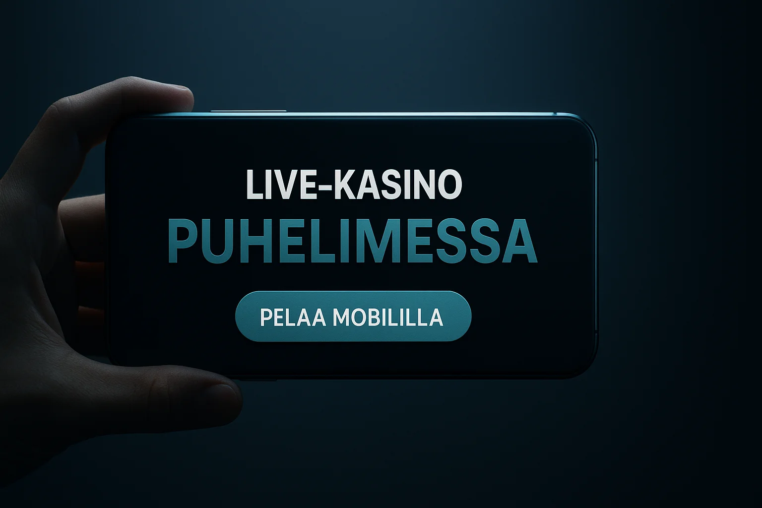 Fotorealistinen suomalainen kasinomainosbanneri, puhelin vaakasuunnassa ja teksti Live-kasino puhelimessa