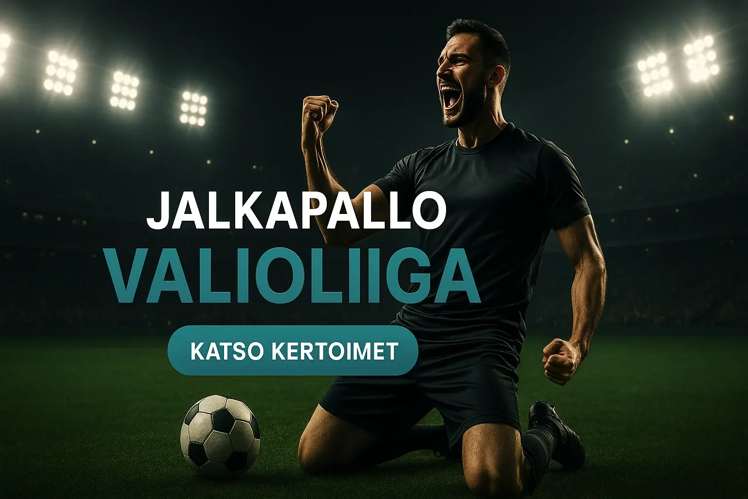 Fotorealistinen suomalainen kasinobanneri jalkapallosta, Valioliiga ja katso kertoimet CTA